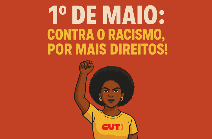 Ilustração de mulher negra com punho erguido, sob o texto: "1º de Maio: contra o racismo, por mais direitos!"